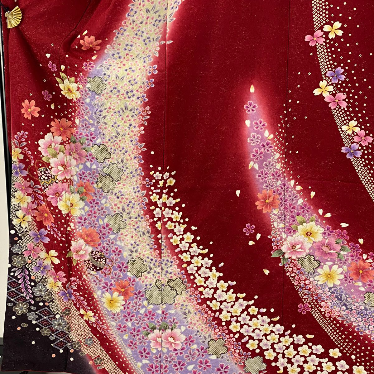 【美品】振袖禮服 身長167cm 袖長68cm L 雙層 櫻花 鞠 金銀彩 絞染 紅 純蠶絲 逸品級