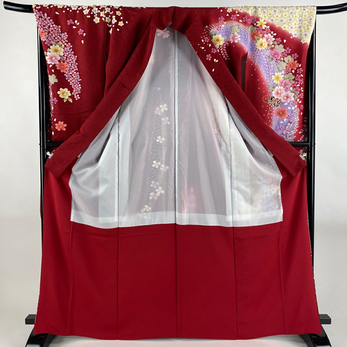 【美品】振袖禮服 身長167cm 袖長68cm L 雙層 櫻花 鞠 金銀彩 絞染 紅 純蠶絲 逸品級