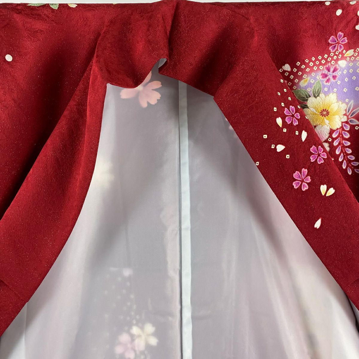 【美品】振袖禮服 身長167cm 袖長68cm L 雙層 櫻花 鞠 金銀彩 絞染 紅 純蠶絲 逸品級