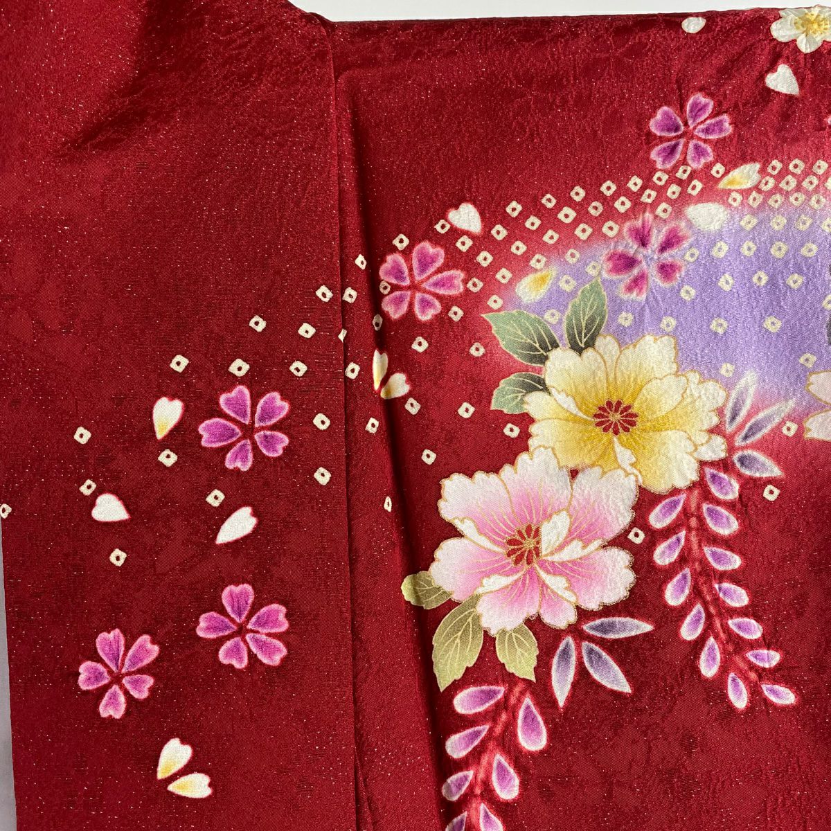 【美品】振袖禮服 身長167cm 袖長68cm L 雙層 櫻花 鞠 金銀彩 絞染 紅 純蠶絲 逸品級