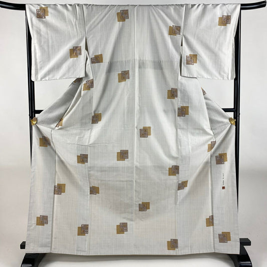 【美品】 小紋 身長168cm 袖長67.5cm L 雙層 蒋雪英監修 紬織織 落款あり 燕 流水 刺繡 灰白 純蠶絲 逸品級