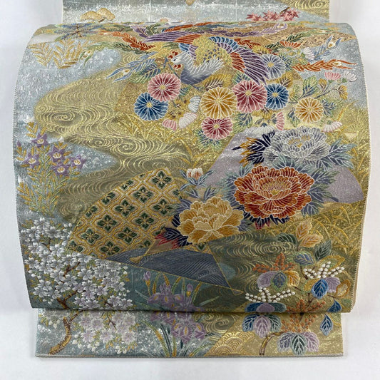 【庫存清倉】 袋帶 名品級 花鳥 霞 金絲 金金箔 銀 六通 純蠶絲