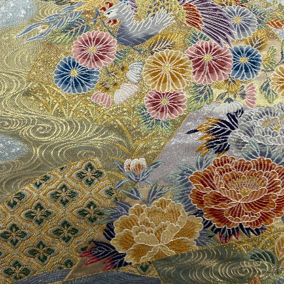 【庫存清倉】 袋帶 名品級 花鳥 霞 金絲 金金箔 銀 六通 純蠶絲