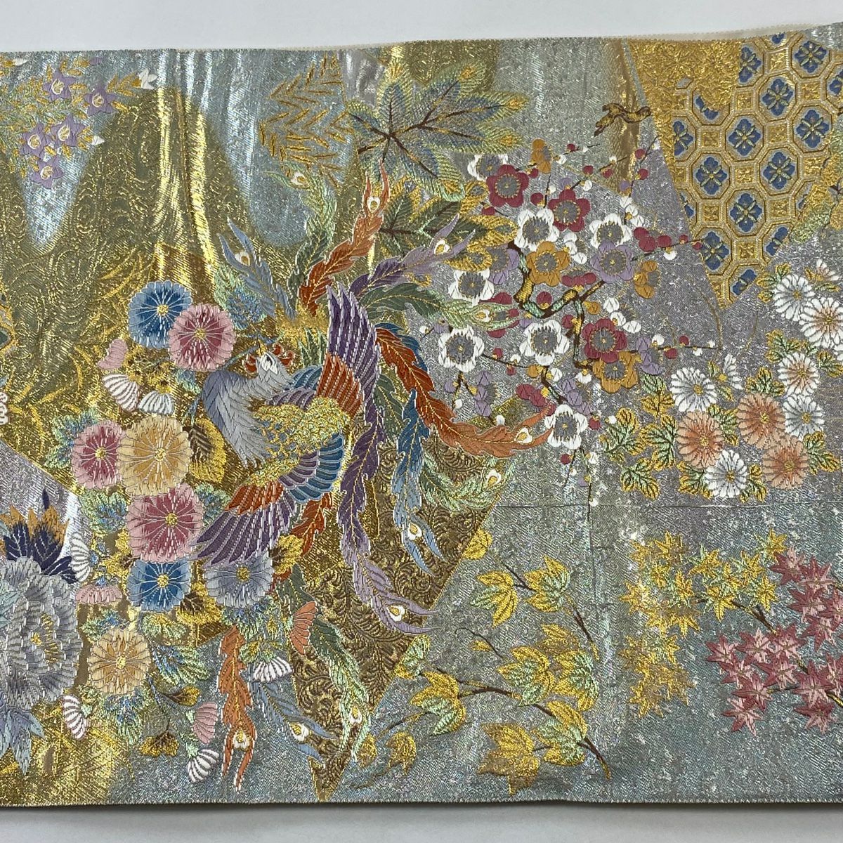 【庫存清倉】 袋帶 名品級 花鳥 霞 金絲 金金箔 銀 六通 純蠶絲