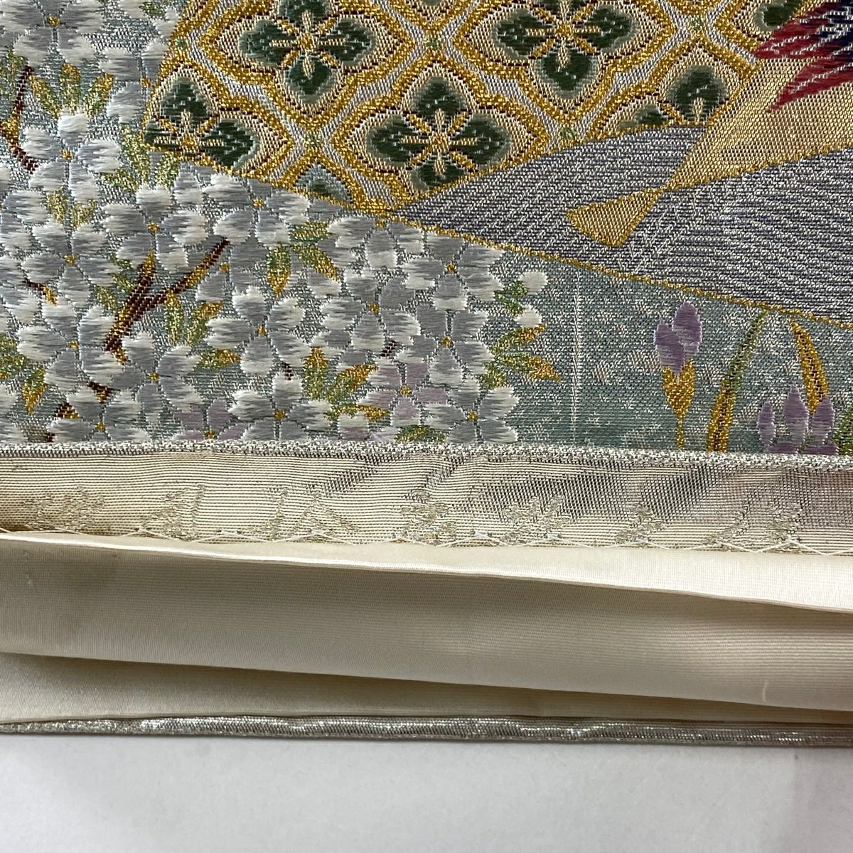 【庫存清倉】 袋帶 名品級 花鳥 霞 金絲 金金箔 銀 六通 純蠶絲