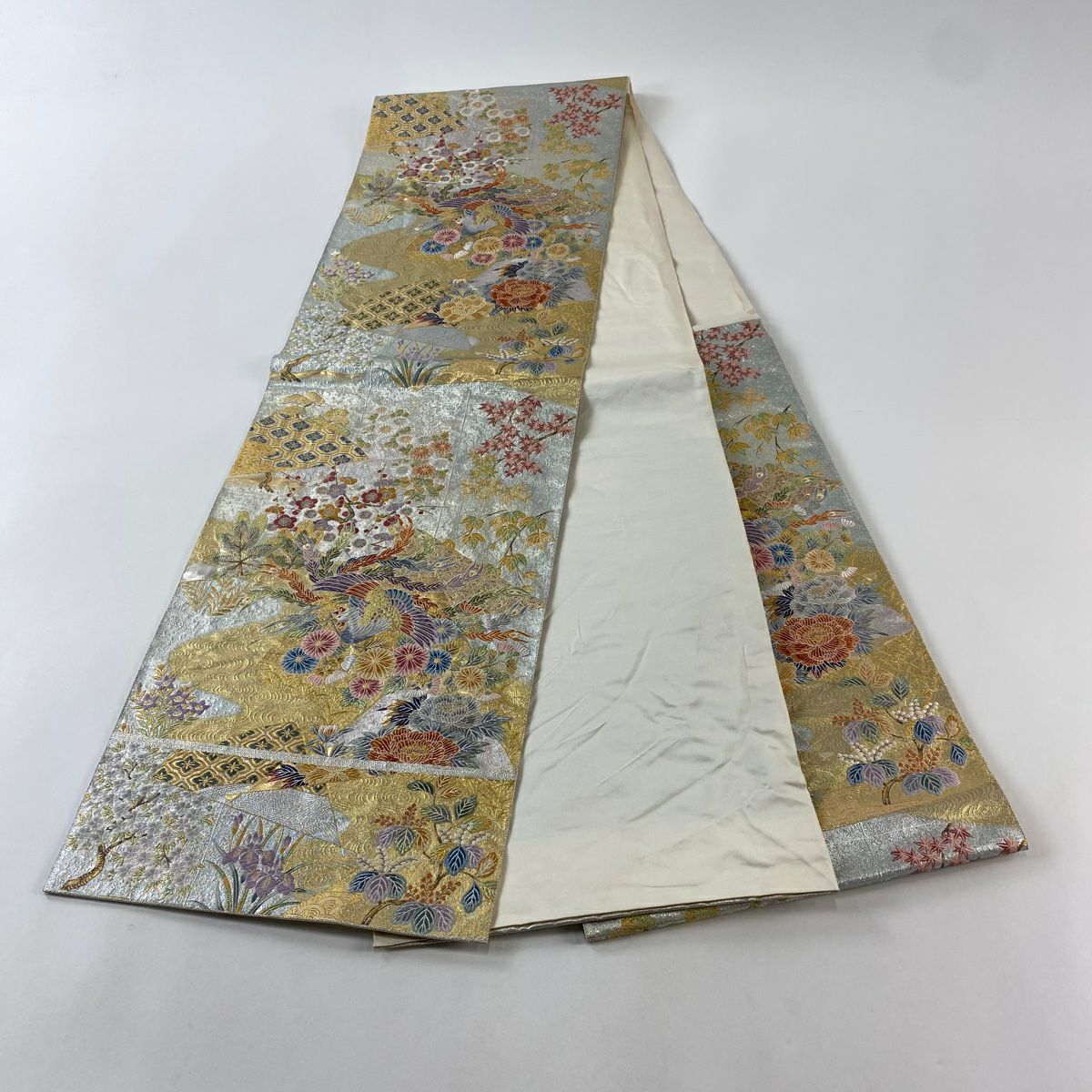 【庫存清倉】 袋帶 名品級 花鳥 霞 金絲 金金箔 銀 六通 純蠶絲