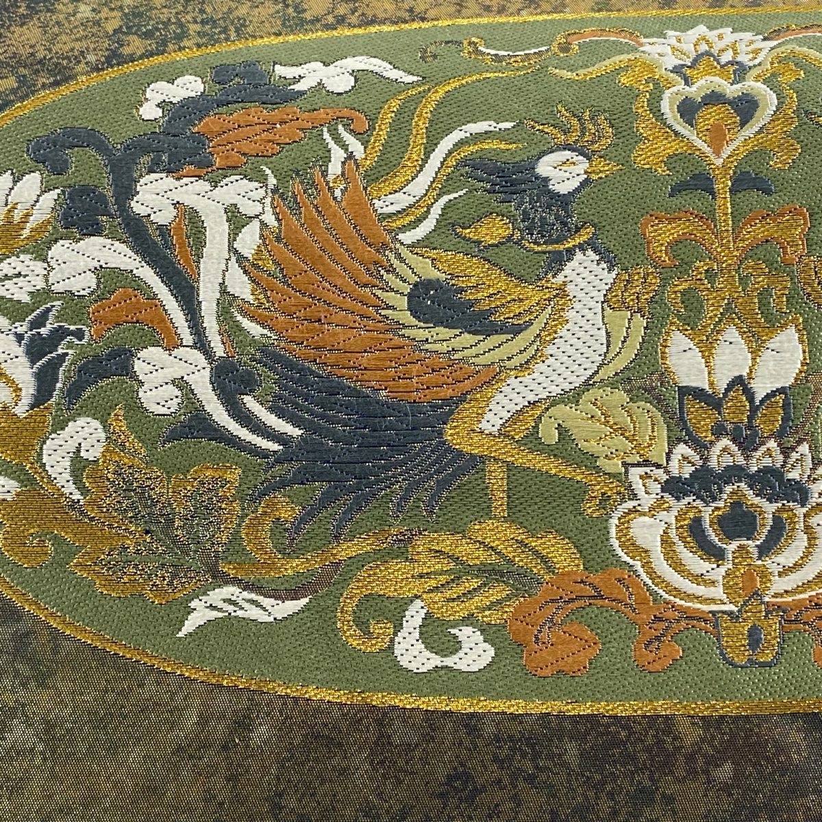 【美品】 袋帶 逸品級 となみ織物 落款あり 証紙あり 向鳥 草花紋刺繡 金線 灰綠 六通 純蠶絲
