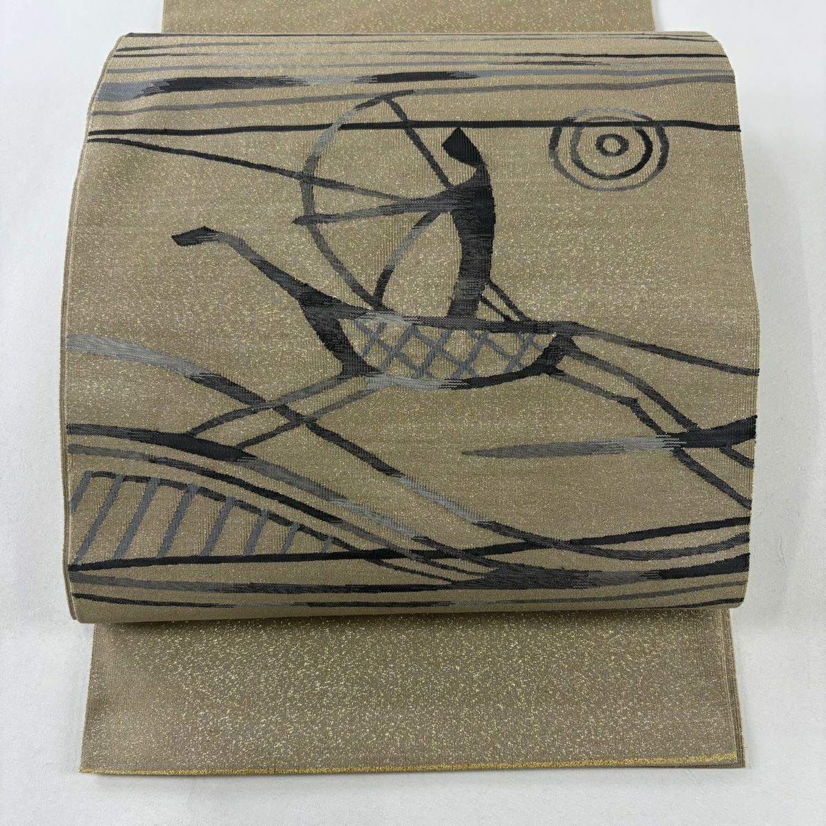 【美品】 袋帶 逸品級 關西仕立 單層 狩獵 金絲 金色 大鼓圖案 純蠶絲