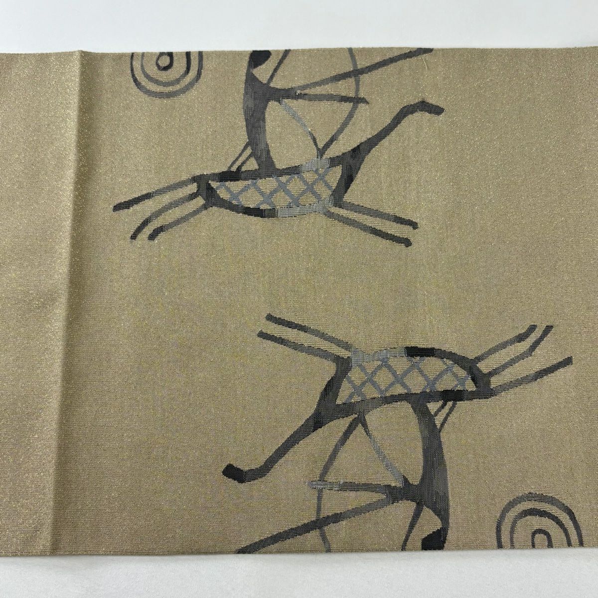 【美品】 袋帶 逸品級 關西仕立 單層 狩獵 金絲 金色 大鼓圖案 純蠶絲