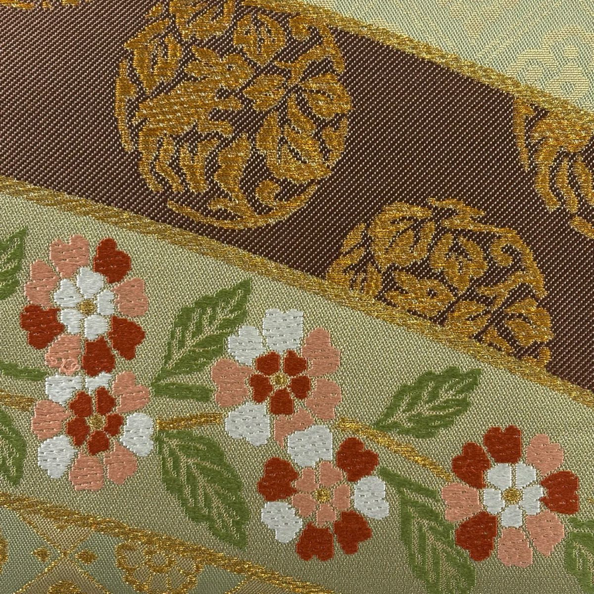 【美品】 袋帶 逸品級 北出與三郎 落款あり 本袋 直狐文二人靜文樣 金絲 金金箔 灰綠 六通 純蠶絲