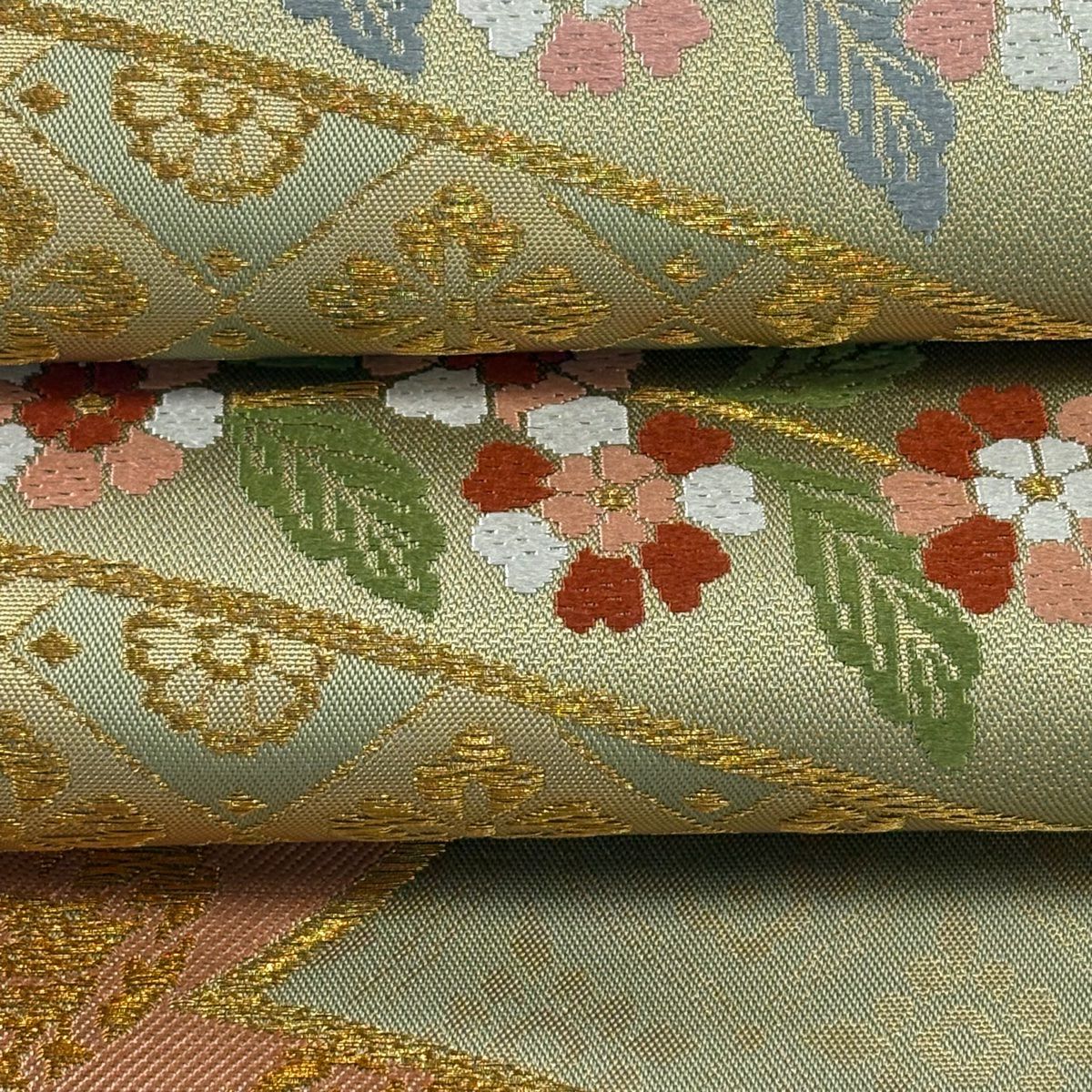 【美品】 袋帶 逸品級 北出與三郎 落款あり 本袋 直狐文二人靜文樣 金絲 金金箔 灰綠 六通 純蠶絲