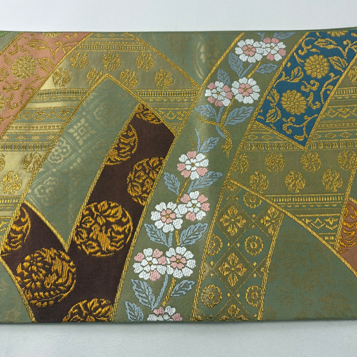【美品】 袋帶 逸品級 北出與三郎 落款あり 本袋 直狐文二人靜文樣 金絲 金金箔 灰綠 六通 純蠶絲