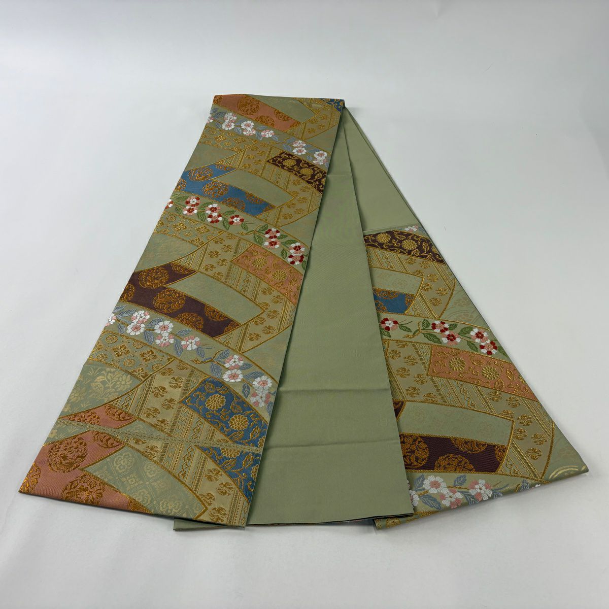 【美品】 袋帶 逸品級 北出與三郎 落款あり 本袋 直狐文二人靜文樣 金絲 金金箔 灰綠 六通 純蠶絲