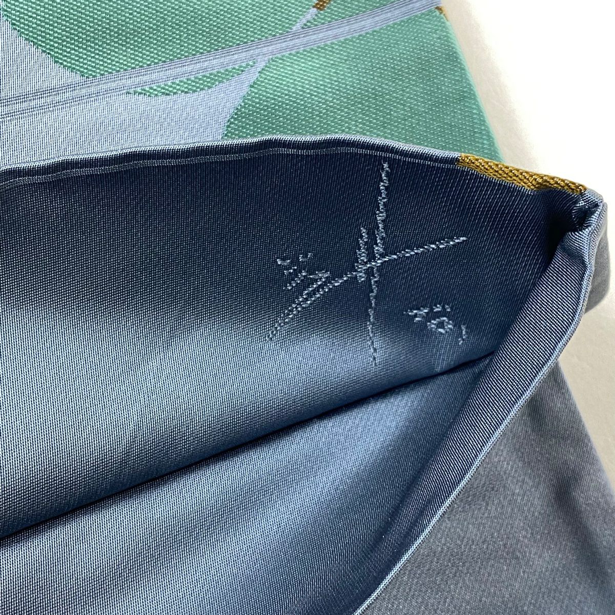 袋帶 逸品級 辻村ジュサブロー 落款 花 青灰 深藍色 六通 純蠶絲