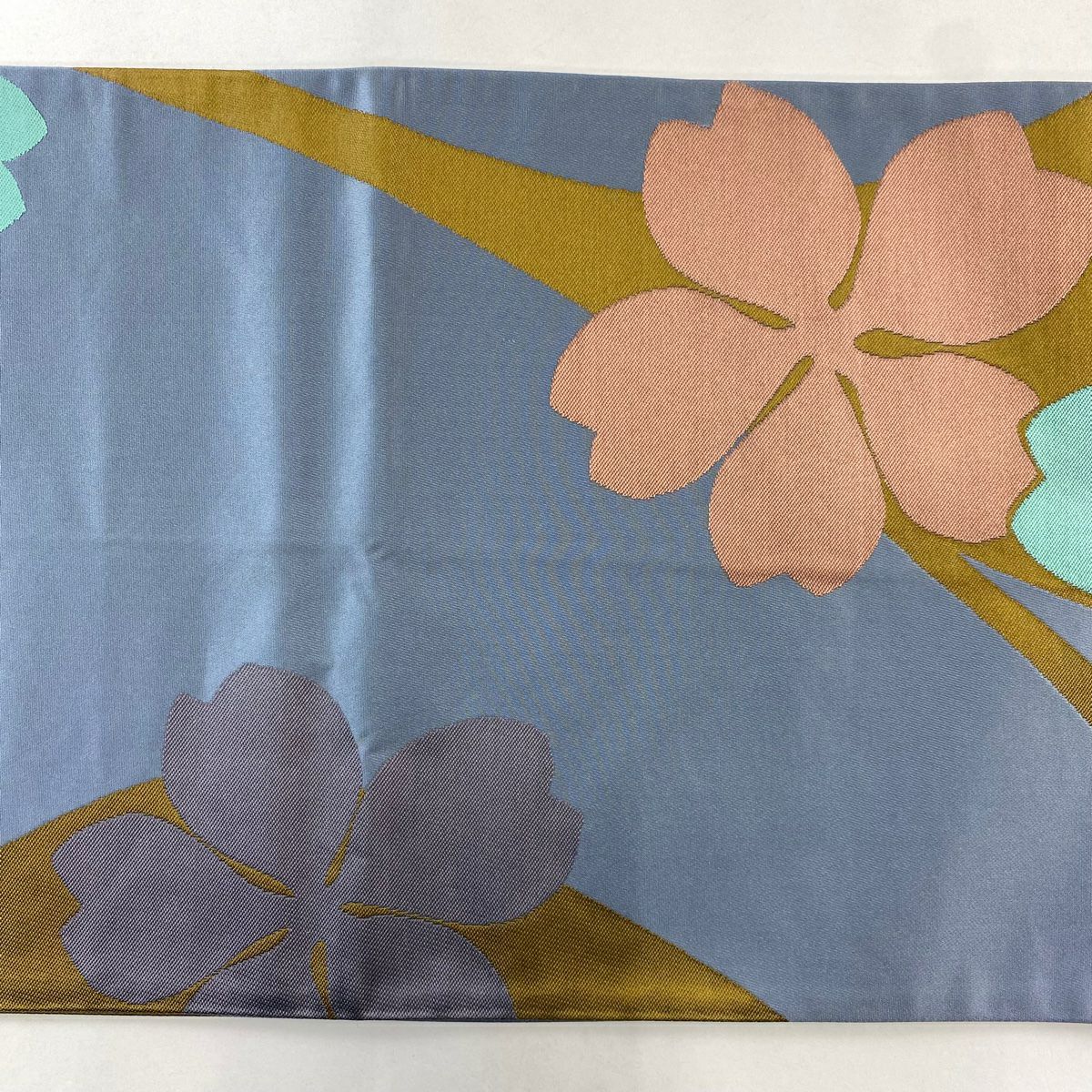 袋帶 逸品級 辻村ジュサブロー 落款 花 青灰 深藍色 六通 純蠶絲