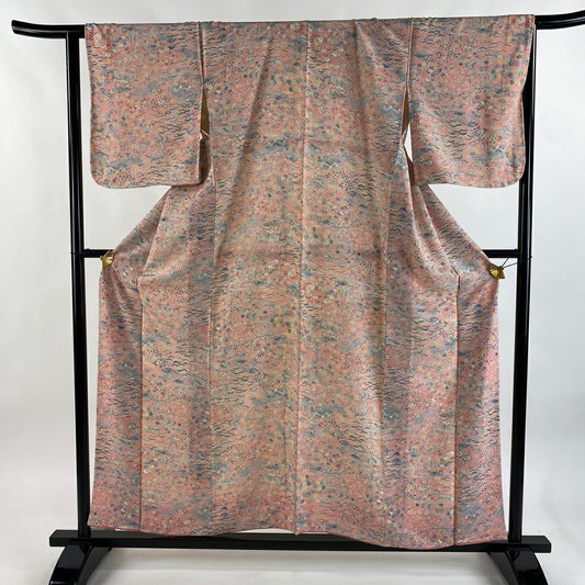 【美品】 小紋 身長155.5cm 袖長65cm M 雙層 松樹竹子梅花 家屋 粉紅 純蠶絲 優品級