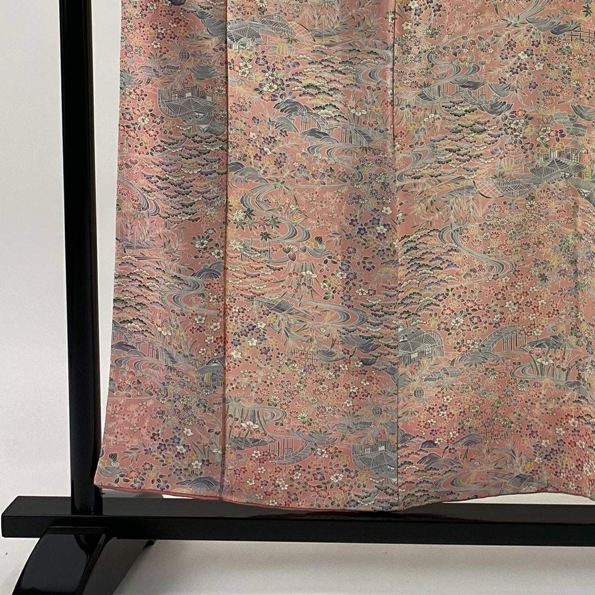 【美品】 小紋 身長155.5cm 袖長65cm M 雙層 松樹竹子梅花 家屋 粉紅 純蠶絲 優品級