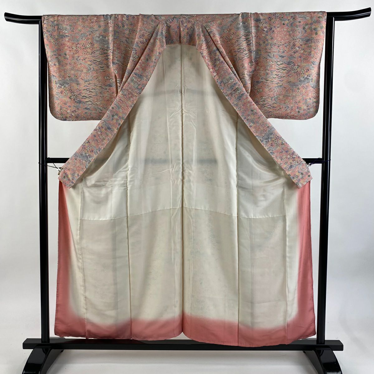 【美品】 小紋 身長155.5cm 袖長65cm M 雙層 松樹竹子梅花 家屋 粉紅 純蠶絲 優品級