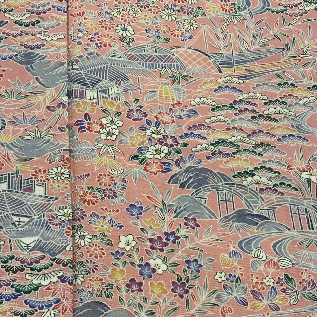 【美品】 小紋 身長155.5cm 袖長65cm M 雙層 松樹竹子梅花 家屋 粉紅 純蠶絲 優品級