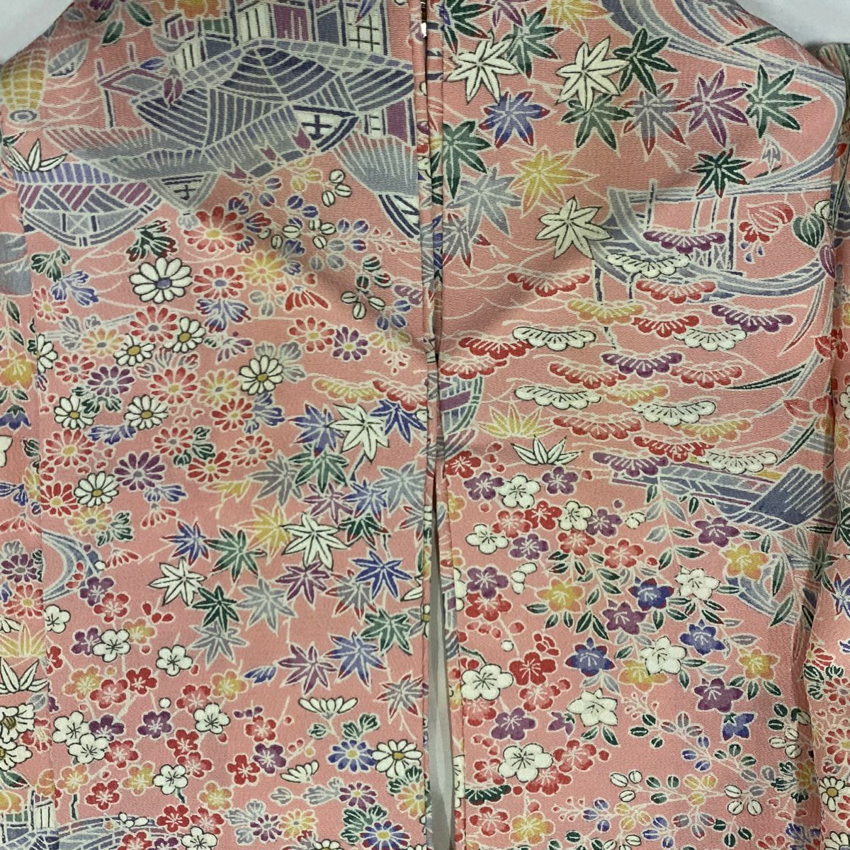 【美品】 小紋 身長155.5cm 袖長65cm M 雙層 松樹竹子梅花 家屋 粉紅 純蠶絲 優品級
