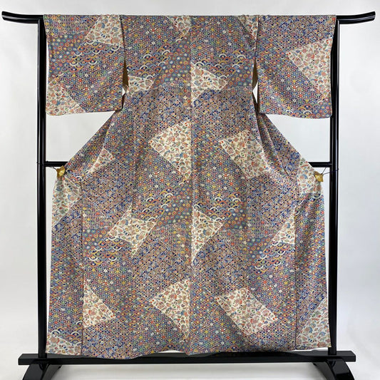 【美品】 小紋 身長158cm 袖長64.5cm M 雙層 寶物滿載 有職文樣 縮緬 深藍 純蠶絲 優品級