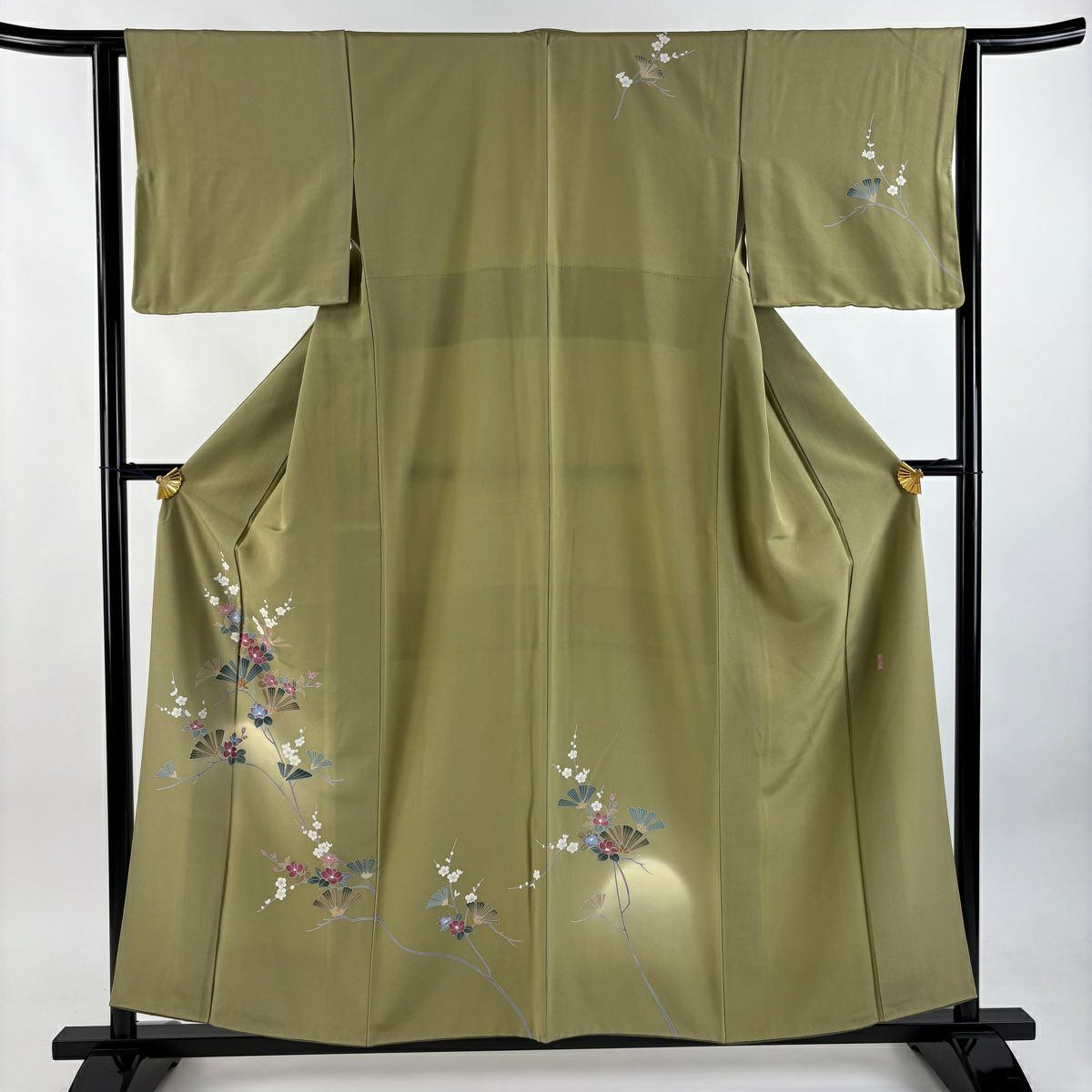 訪問服 身長156.5cm 袖長62.5cm S 雙層 落款有 松樹 梅花 漸層 灰綠 純蠶絲 優品級