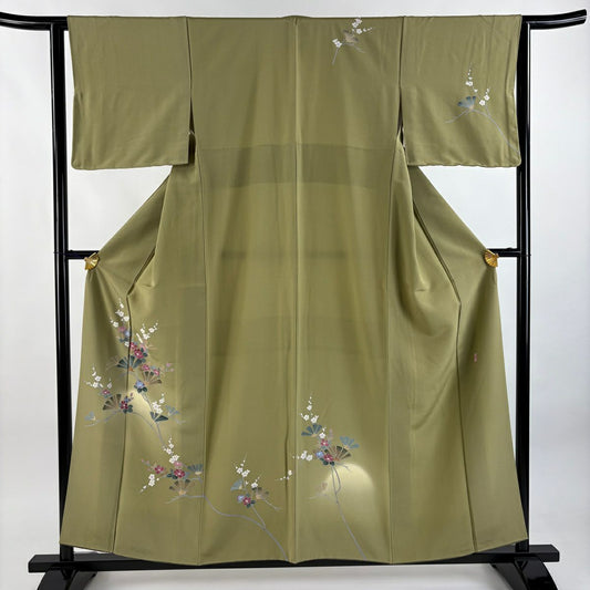 訪問服 身長156.5cm 袖長62.5cm S 雙層 落款有 松樹 梅花 漸層 灰綠 純蠶絲 優品級