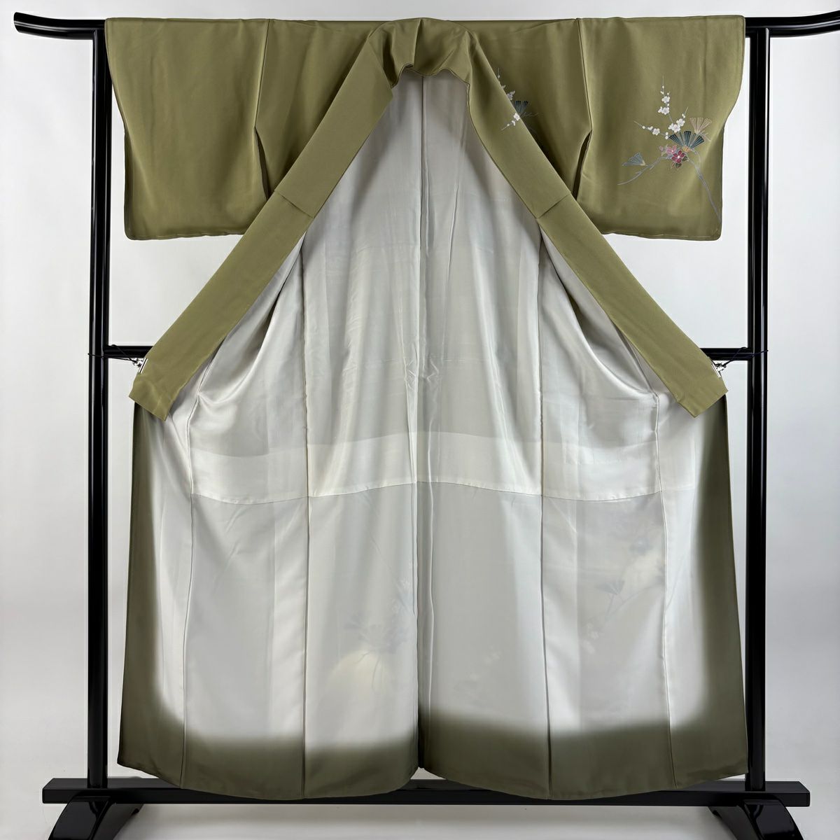 訪問服 身長156.5cm 袖長62.5cm S 雙層 落款有 松樹 梅花 漸層 灰綠 純蠶絲 優品級