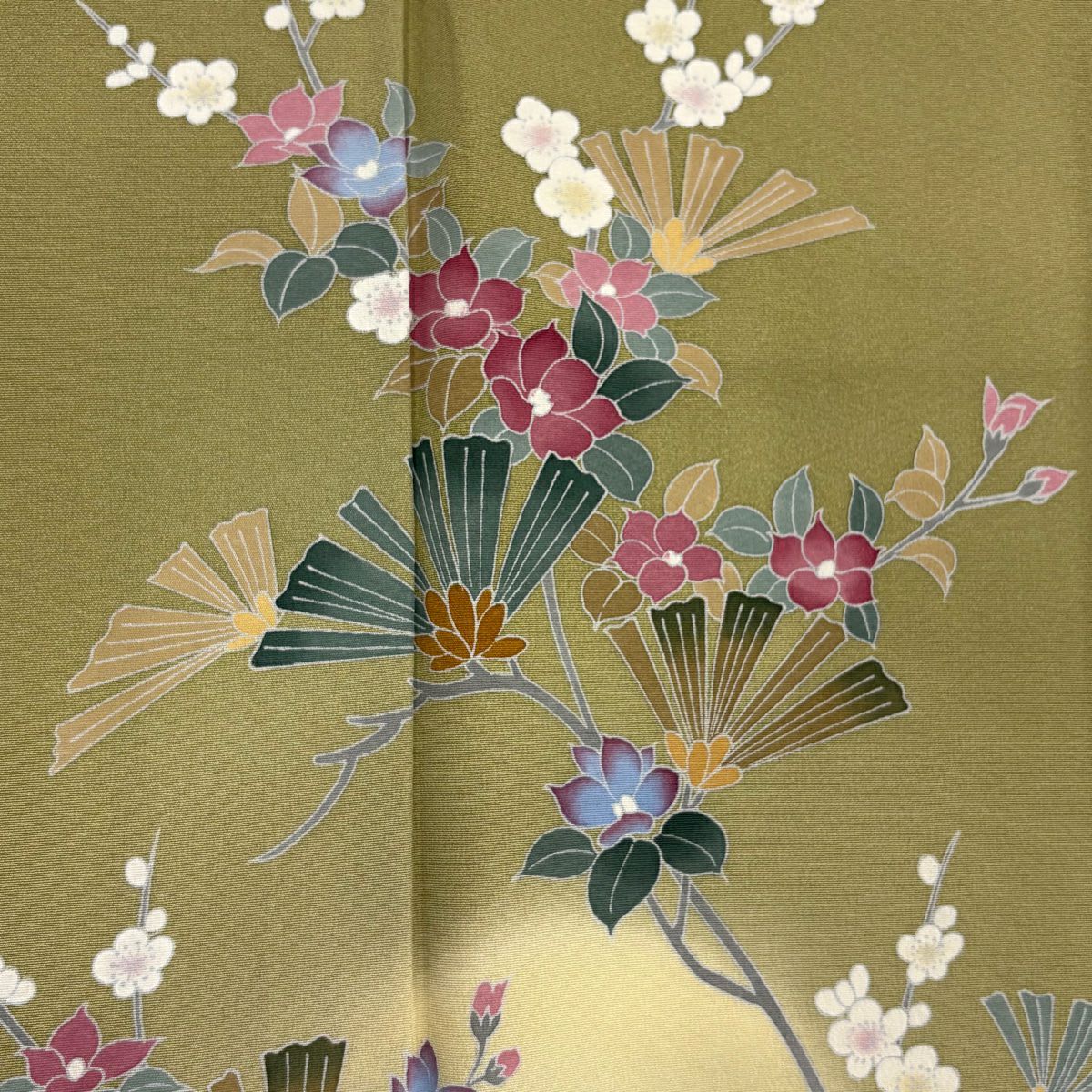 訪問服 身長156.5cm 袖長62.5cm S 雙層 落款有 松樹 梅花 漸層 灰綠 純蠶絲 優品級