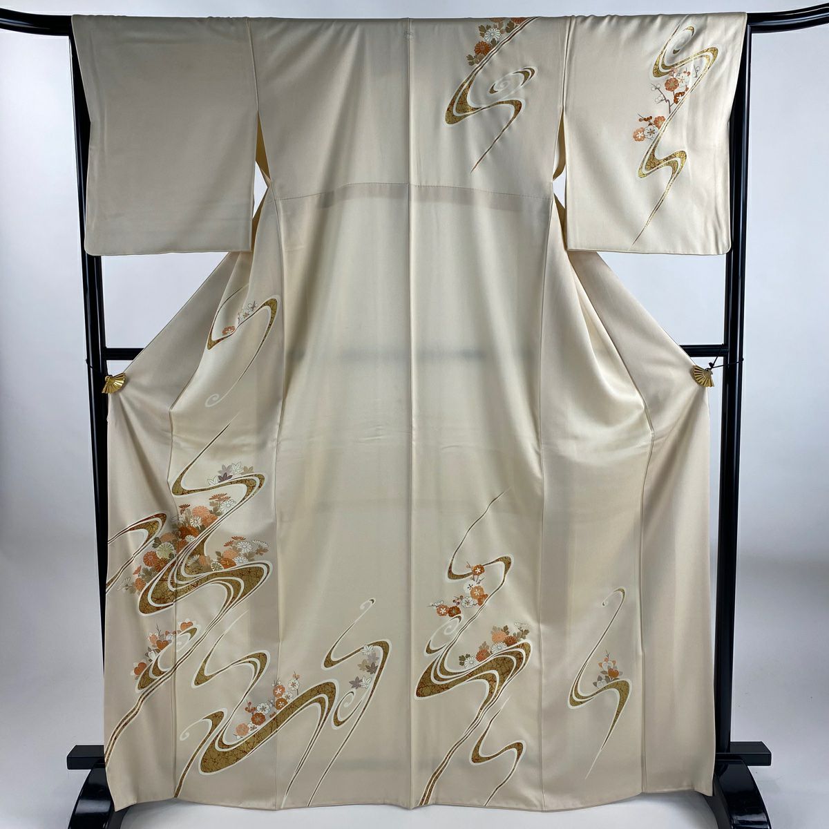 訪問服 身長167.5cm 袖長65cm M 雙層 菊花 流水 金絲 金銀彩 米色 純蠶絲 秀品級 一つ紋