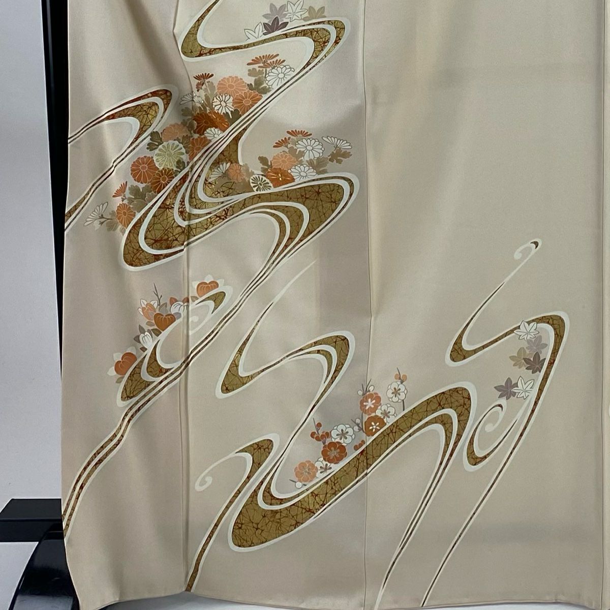 訪問服 身長167.5cm 袖長65cm M 雙層 菊花 流水 金絲 金銀彩 米色 純蠶絲 秀品級 一つ紋