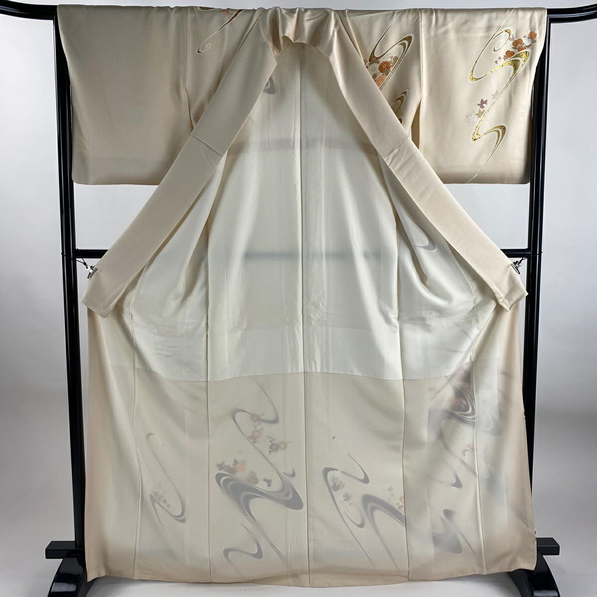 訪問服 身長167.5cm 袖長65cm M 雙層 菊花 流水 金絲 金銀彩 米色 純蠶絲 秀品級 一つ紋