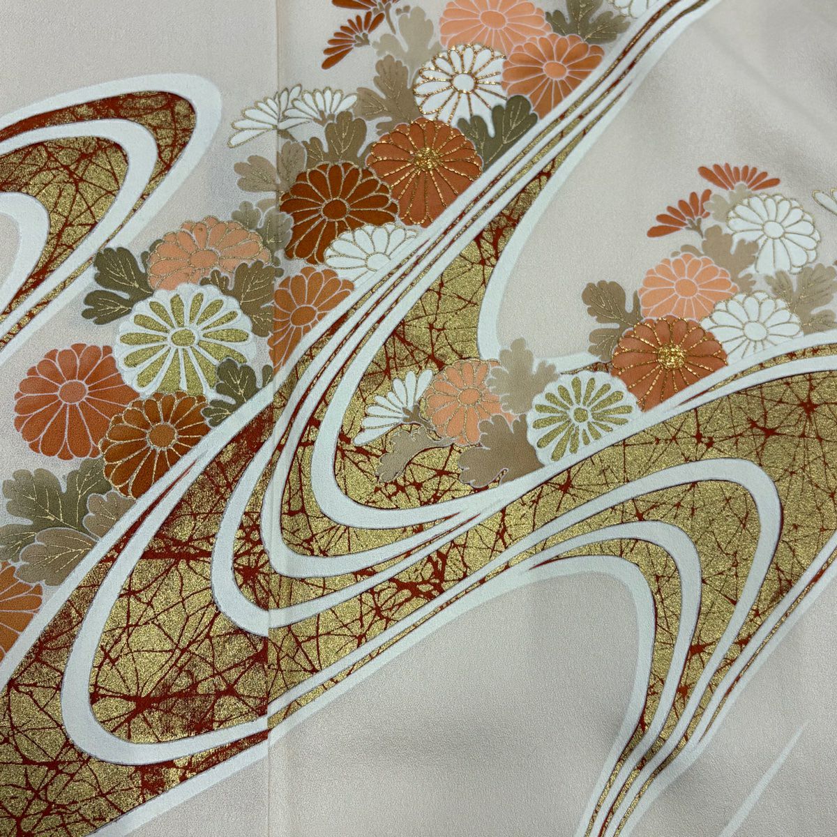 訪問服 身長167.5cm 袖長65cm M 雙層 菊花 流水 金絲 金銀彩 米色 純蠶絲 秀品級 一つ紋