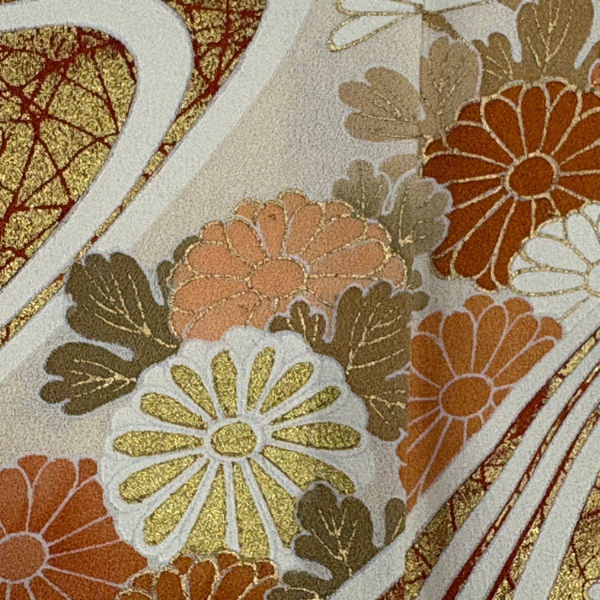 訪問服 身長167.5cm 袖長65cm M 雙層 菊花 流水 金絲 金銀彩 米色 純蠶絲 秀品級 一つ紋