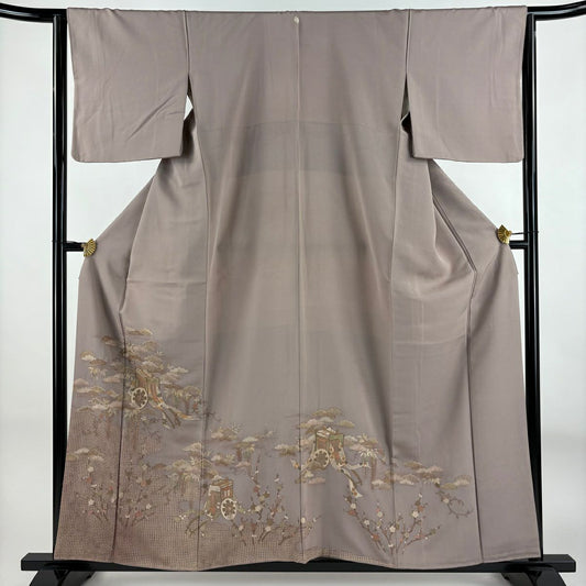 灰紫留袖禮服 身長158.5cm 袖長64cm M 雙層 御所車 松樹梅花 刺繡 純蠶絲 秀品級 一つ紋