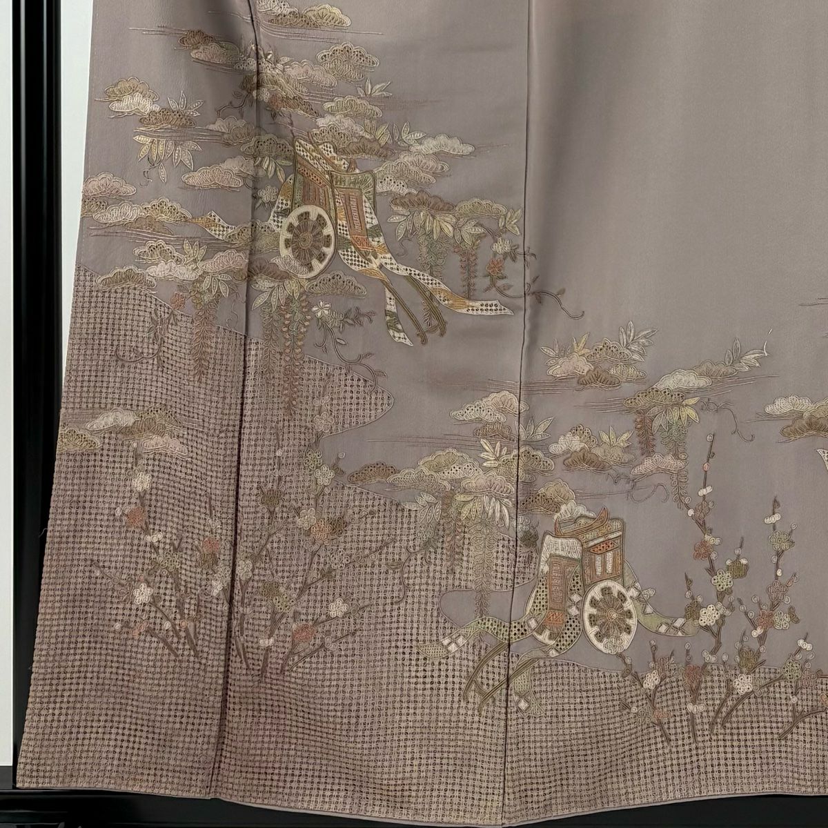 灰紫留袖禮服 身長158.5cm 袖長64cm M 雙層 御所車 松樹梅花 刺繡 純蠶絲 秀品級 一つ紋