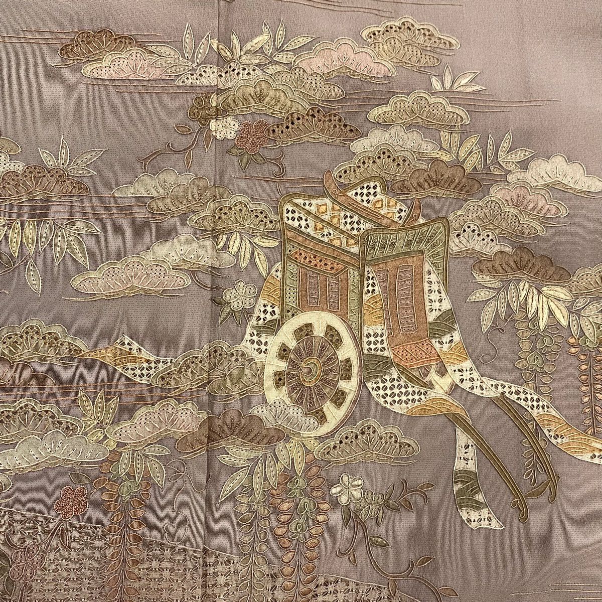 灰紫留袖禮服 身長158.5cm 袖長64cm M 雙層 御所車 松樹梅花 刺繡 純蠶絲 秀品級 一つ紋