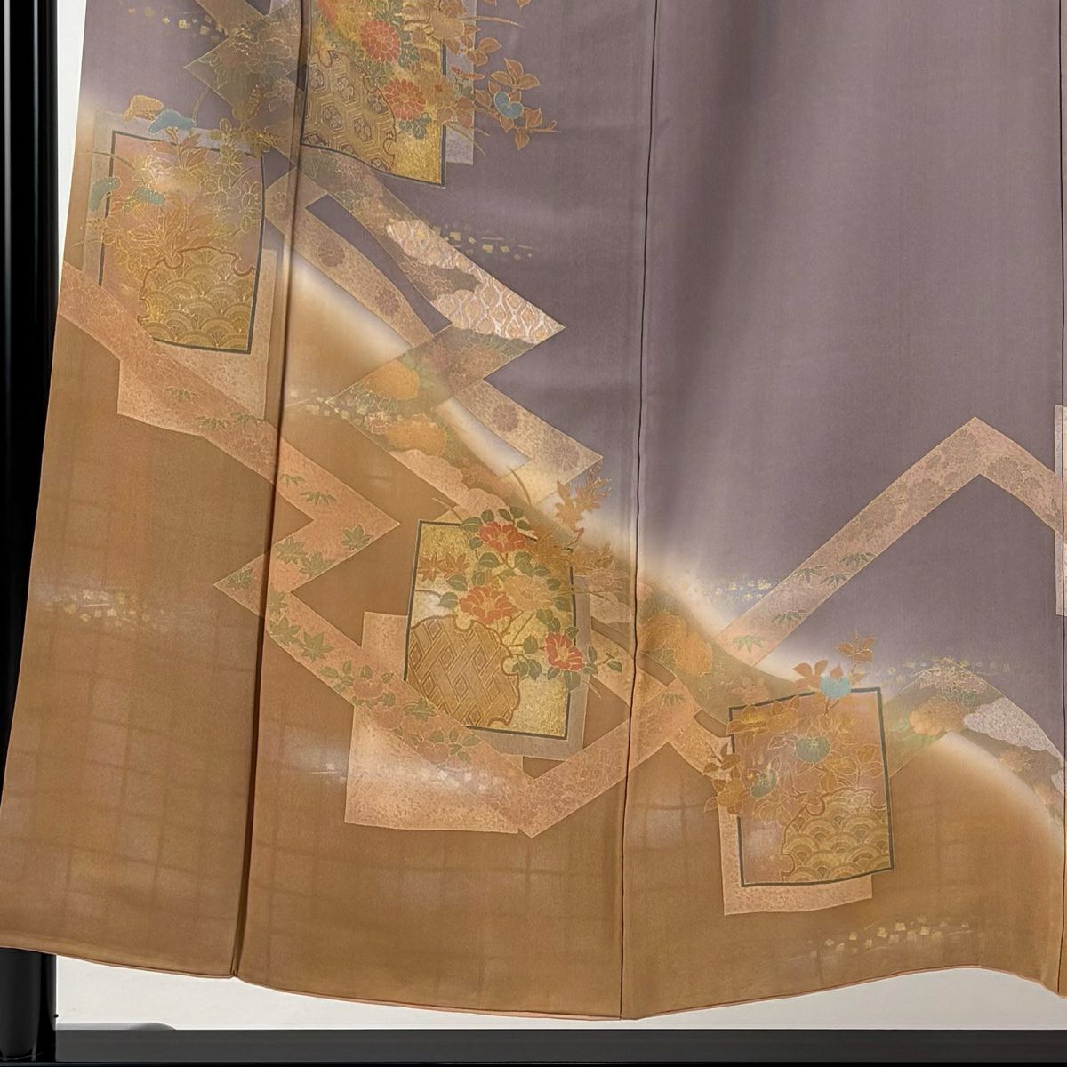 訪問服 身長154cm 袖長62.5cm S 雙層 色紙 草花紋紋 金彩裝飾 染分 灰紫 純蠶絲 秀品級