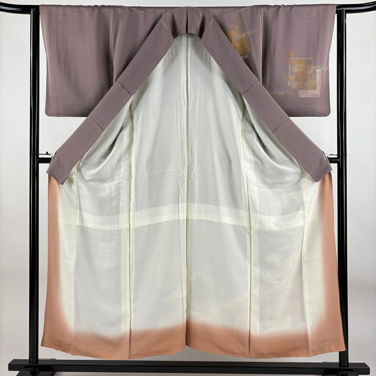 訪問服 身長154cm 袖長62.5cm S 雙層 色紙 草花紋紋 金彩裝飾 染分 灰紫 純蠶絲 秀品級