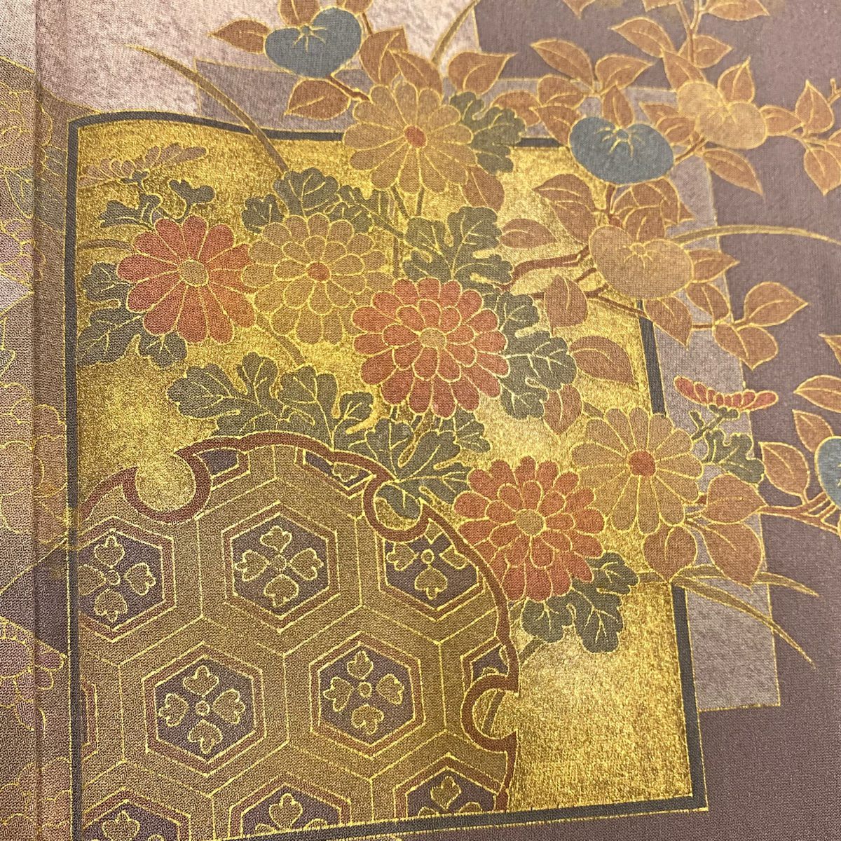 訪問服 身長154cm 袖長62.5cm S 雙層 色紙 草花紋紋 金彩裝飾 染分 灰紫 純蠶絲 秀品級