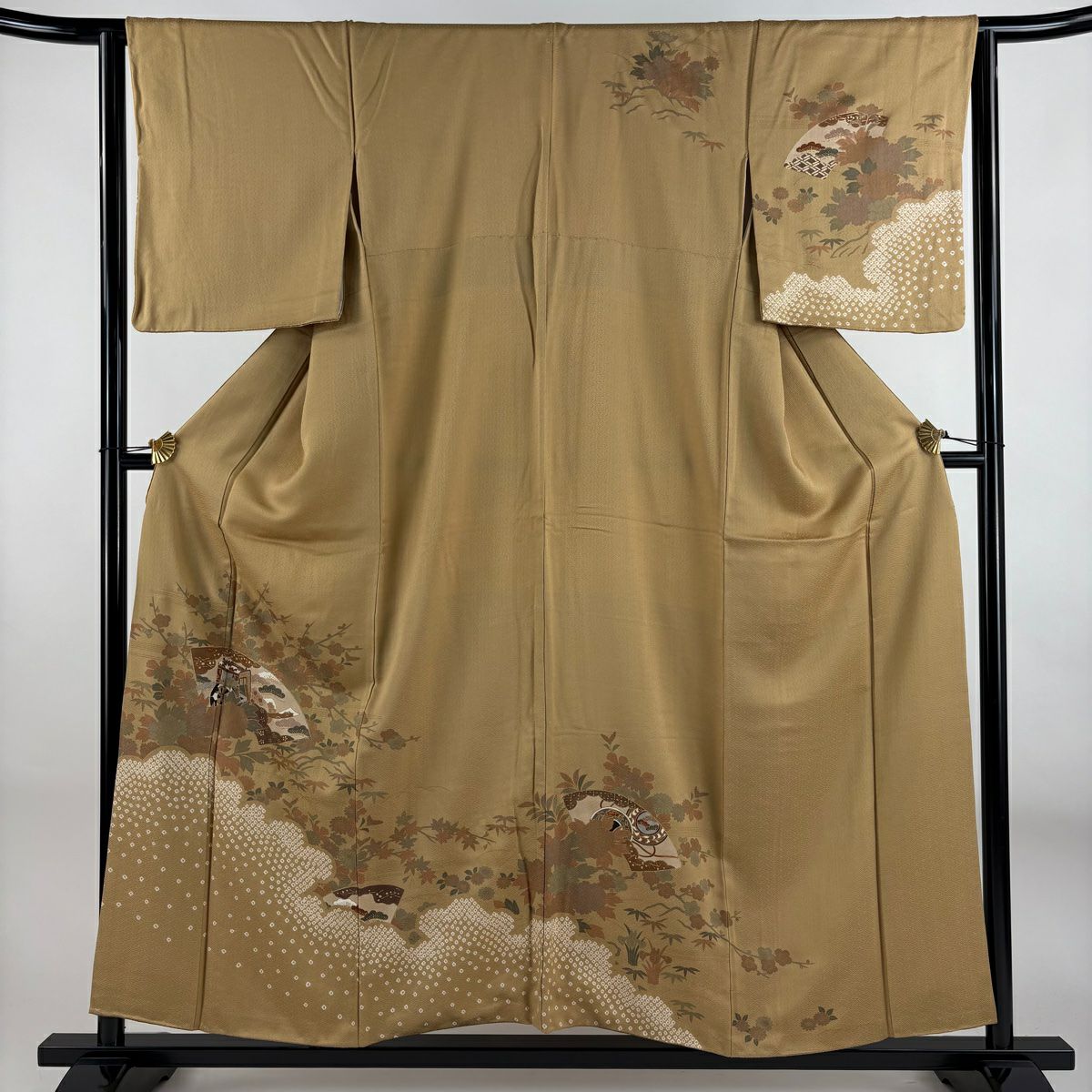 訪問服 身長155.5cm 袖長64cm M 雙層 扇子面 草花紋紋 金彩裝飾 絞染 黃土 純蠶絲 秀品級