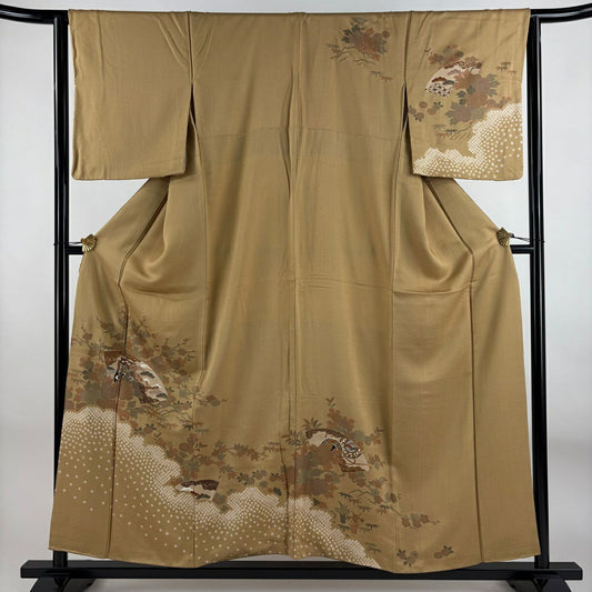 訪問服 身長155.5cm 袖長64cm M 雙層 扇子面 草花紋紋 金彩裝飾 絞染 黃土 純蠶絲 秀品級