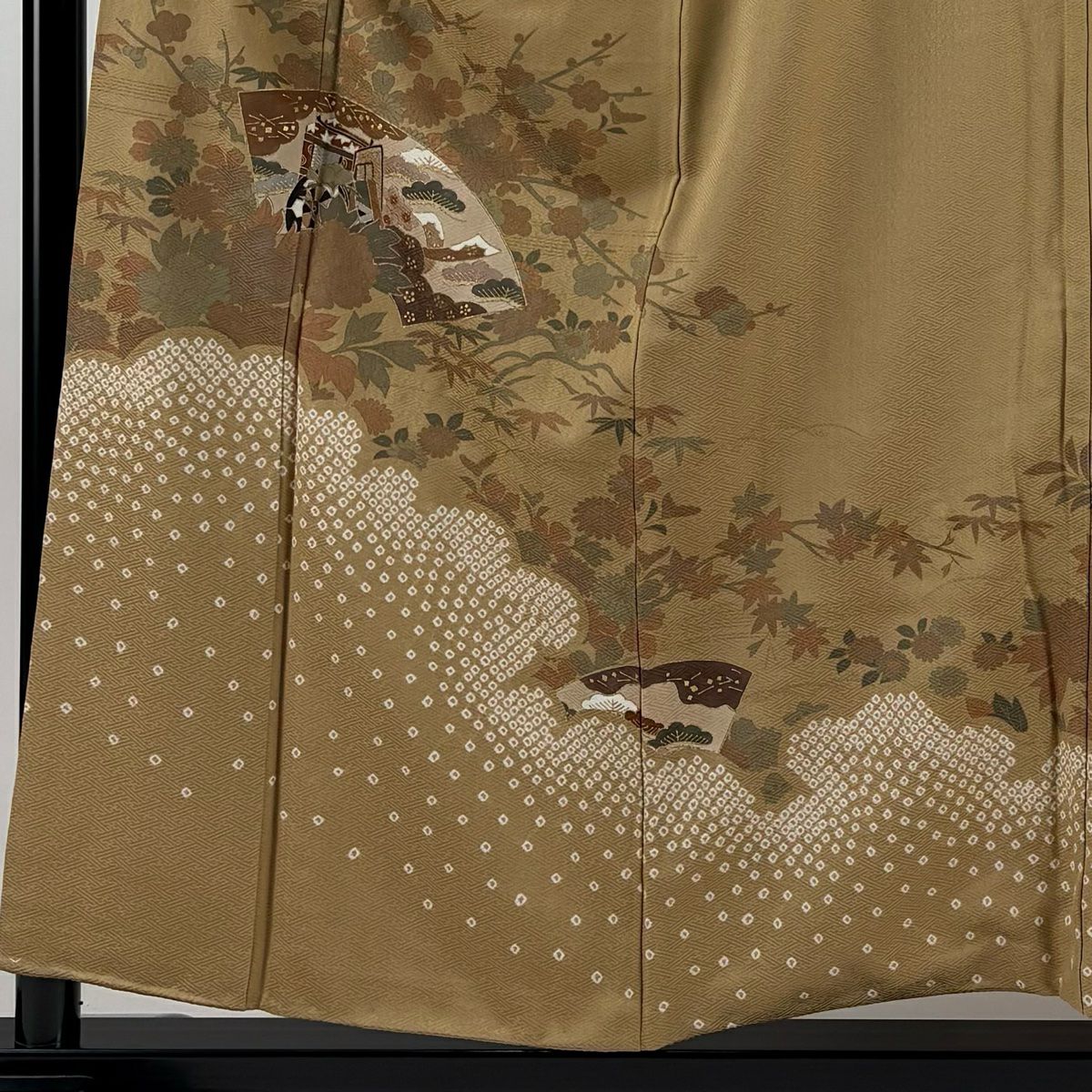 訪問服 身長155.5cm 袖長64cm M 雙層 扇子面 草花紋紋 金彩裝飾 絞染 黃土 純蠶絲 秀品級