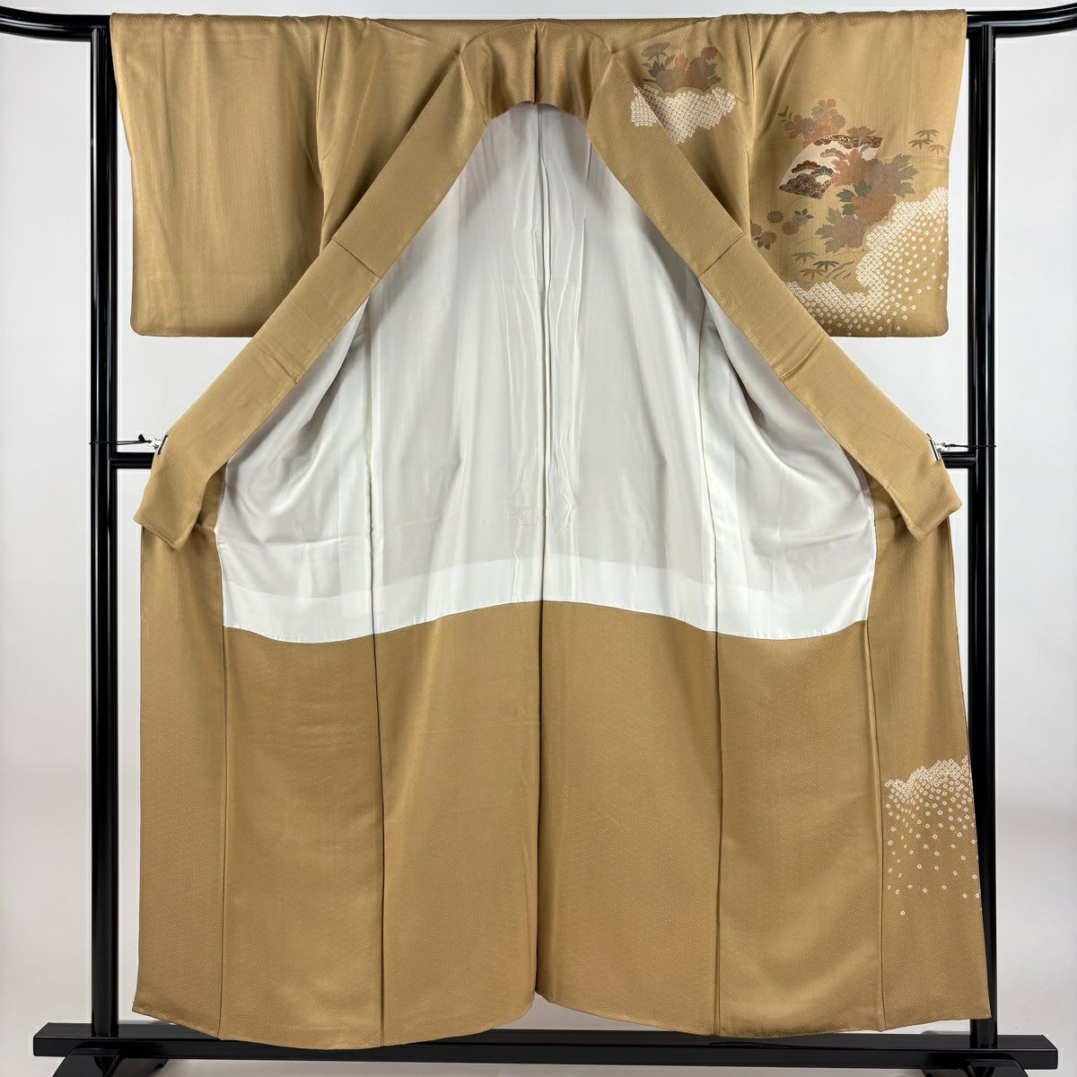 訪問服 身長155.5cm 袖長64cm M 雙層 扇子面 草花紋紋 金彩裝飾 絞染 黃土 純蠶絲 秀品級