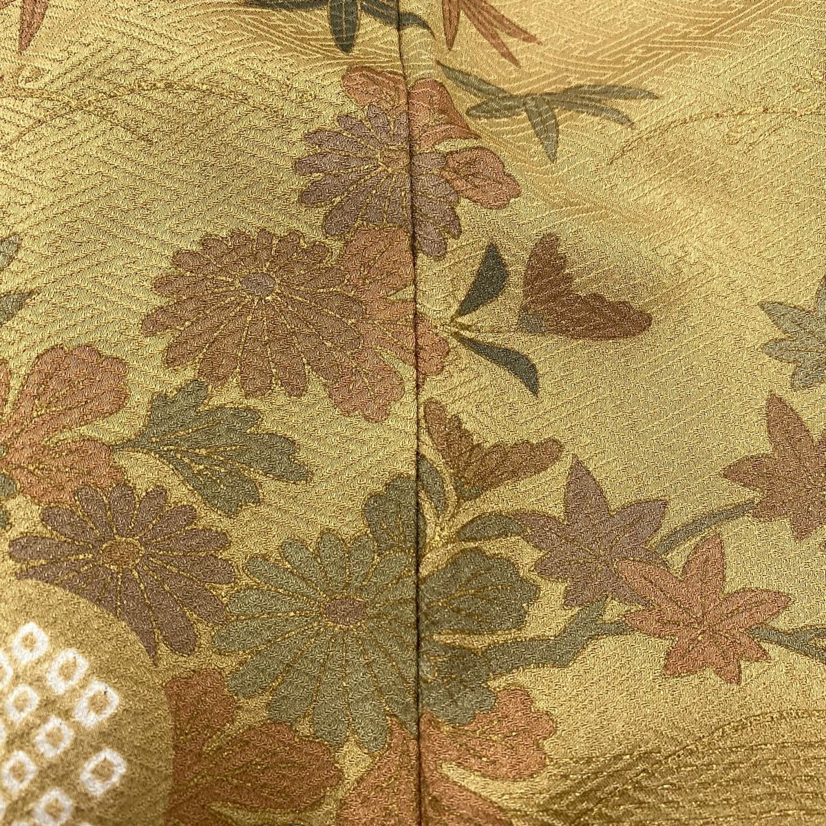 訪問服 身長155.5cm 袖長64cm M 雙層 扇子面 草花紋紋 金彩裝飾 絞染 黃土 純蠶絲 秀品級