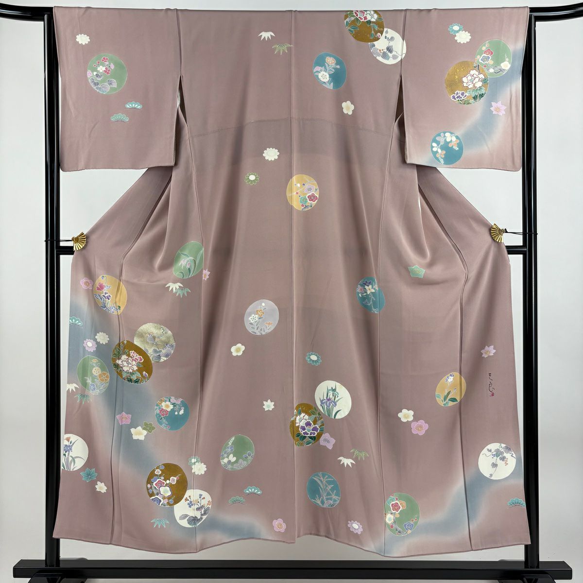 付下 身長152cm 袖長65cm M 雙層 落款 草花紋 圓紋 金銀彩 漸層 灰紫 純蠶絲 優品級