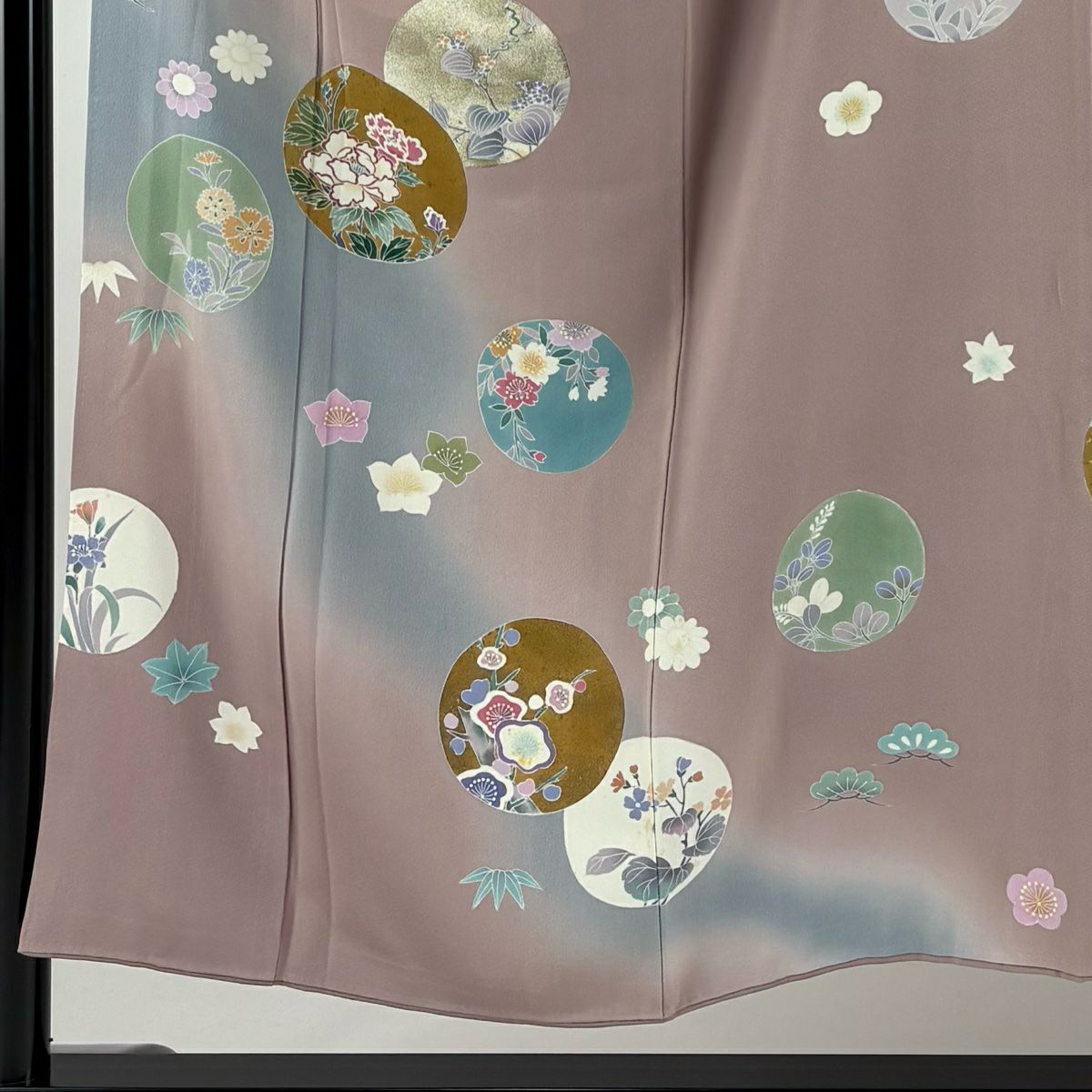 付下 身長152cm 袖長65cm M 雙層 落款 草花紋 圓紋 金銀彩 漸層 灰紫 純蠶絲 優品級