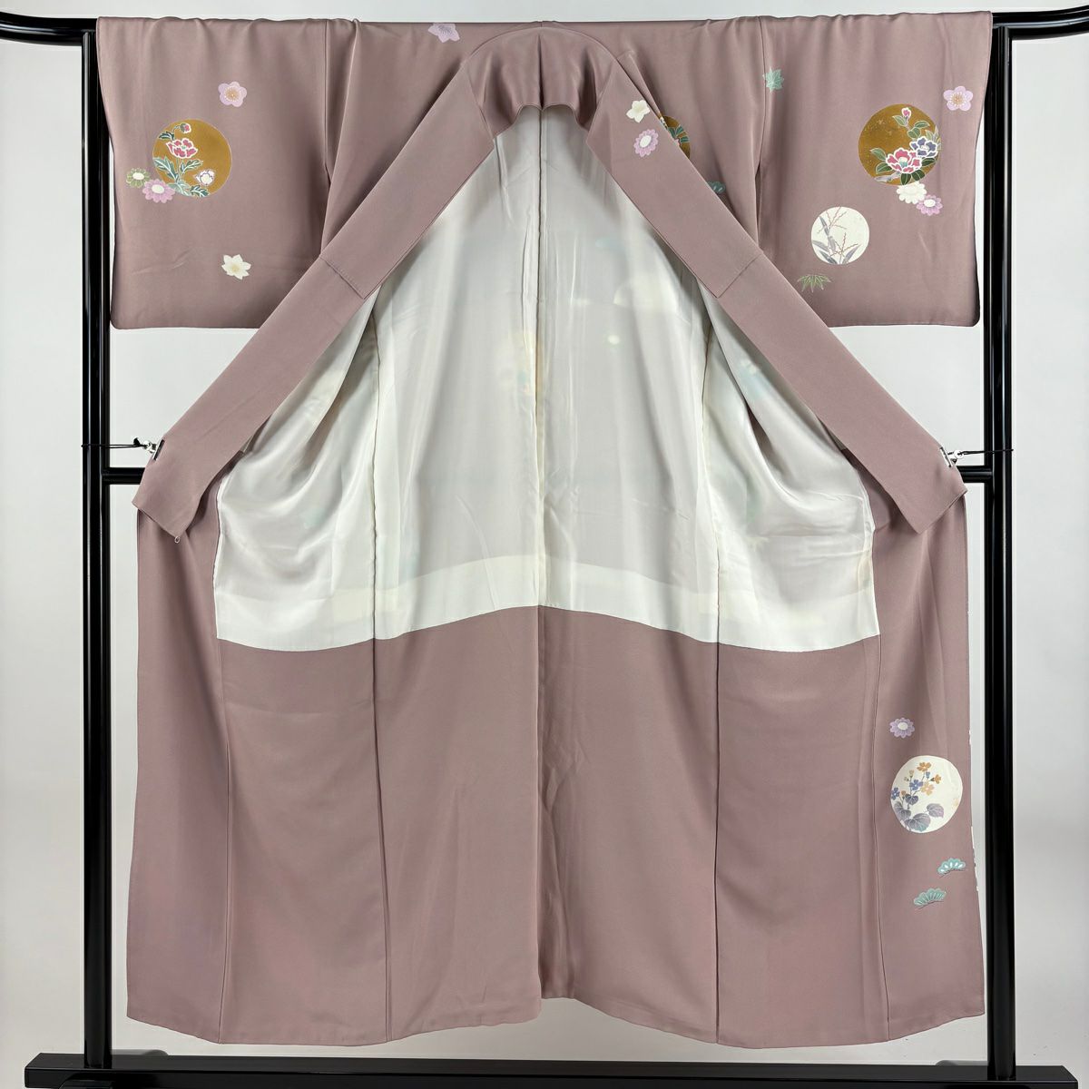 付下 身長152cm 袖長65cm M 雙層 落款 草花紋 圓紋 金銀彩 漸層 灰紫 純蠶絲 優品級