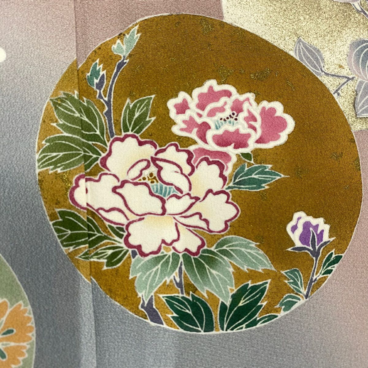 付下 身長152cm 袖長65cm M 雙層 落款 草花紋 圓紋 金銀彩 漸層 灰紫 純蠶絲 優品級