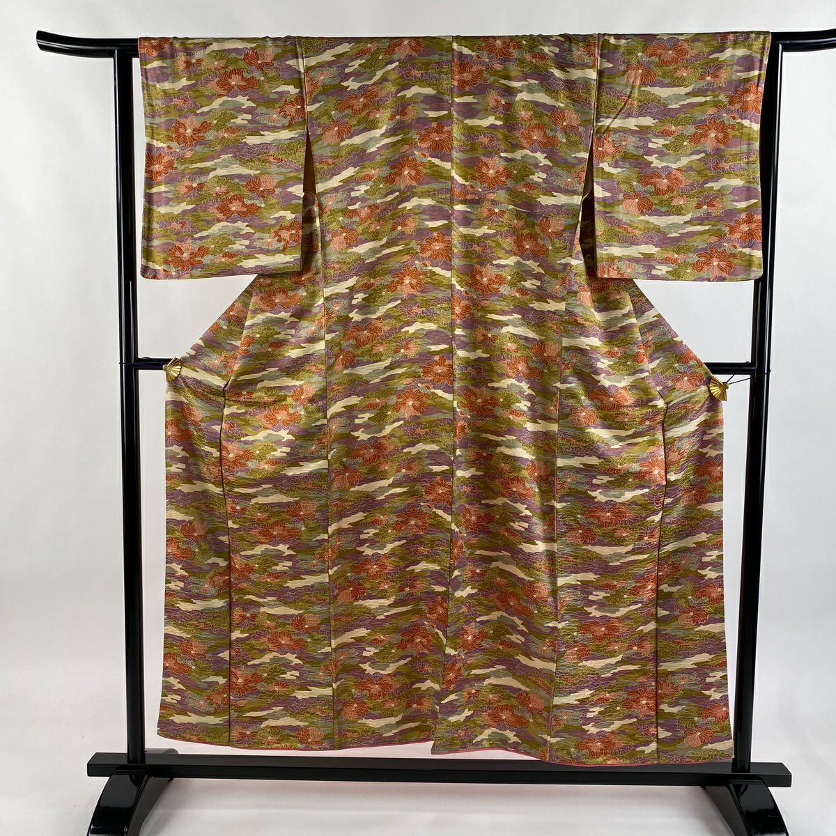 小紋 身長153cm 袖長63.5cm S 雙層 菊花 霞 紫 純蠶絲 優品級
